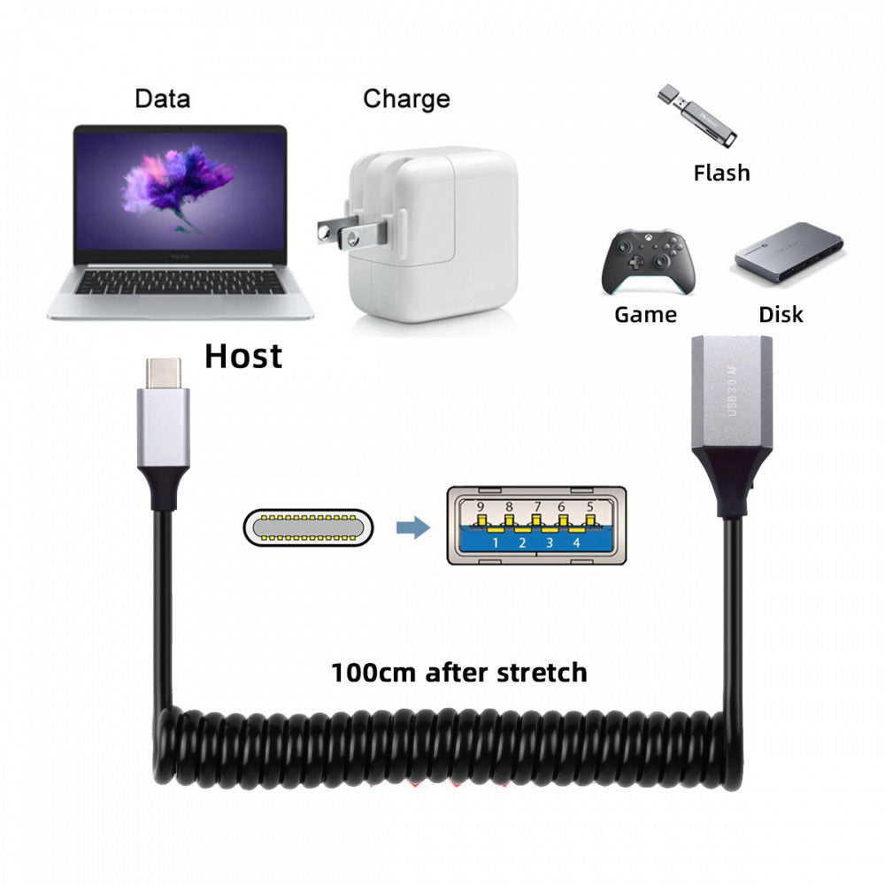 USB-C Type-C Host to USB3.0-A Female OTG Stretch Coiled Cable 100cm Extension 5Gbps for Disk Phone Camera Data