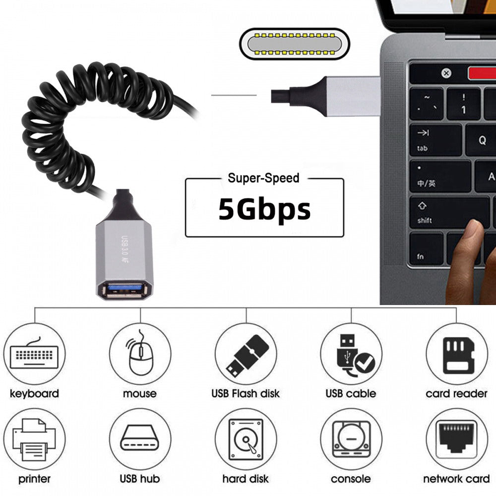 USB-C Type-C Host to USB3.0-A Female OTG Stretch Coiled Cable 100cm Extension 5Gbps for Disk Phone Camera Data