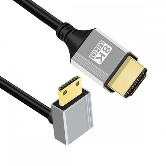 90 Degree Down Angled Mini HDMI 2.1 Ultra Thin HDTV Cable 8K 4K Hyper Super Flexible Slim Cord Type-A to Type-C for Camera HDTV