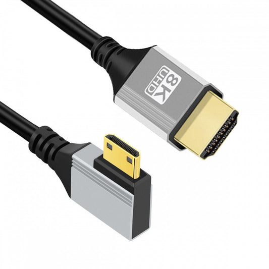 90 Degree Left Angled Mini HDMI 2.1 Ultra Thin HDTV Cable 8K 4K Hyper Super Flexible Slim Cord Type-A to Type-C for Camera HDTV