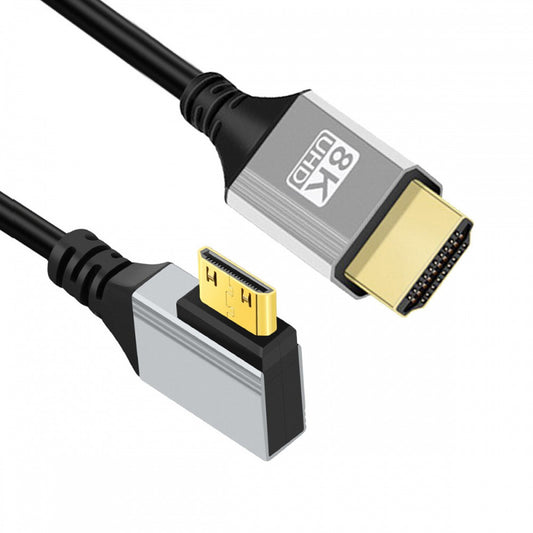 90 Degree Right Angled Mini HDMI 2.1 Ultra Thin HDTV Cable 8K 4K Hyper Super Flexible Slim Cord Type-A to Type-C for Camera HDTV