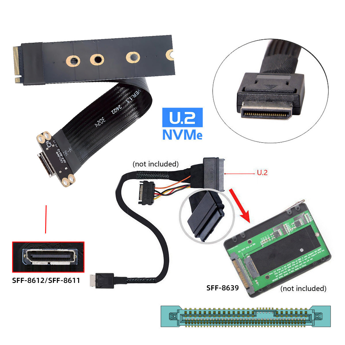 2280 NGFF PCI-E4.0 M.2 M-key to Oculink SFF-8612 SFF-8611 Host Cable 15cm for NVME U.2 SSD eGPU