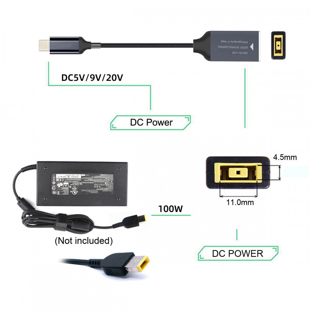 Rectangle Jack Thinkpad X1 Input to USB-C Type-C Power 100W Charge Cable for Laptop Phone PD9V 5V 20V