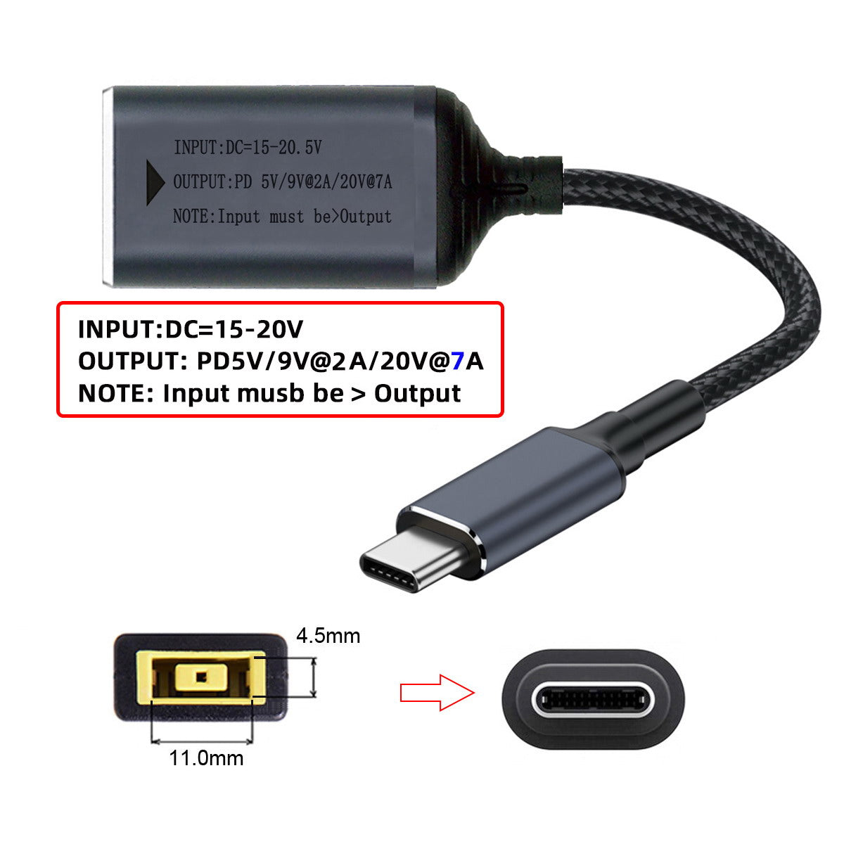 Rectangle Jack Thinkpad X1 Input to USB-C Type-C Power 100W Charge Cable for Laptop Phone PD9V 5V 20V