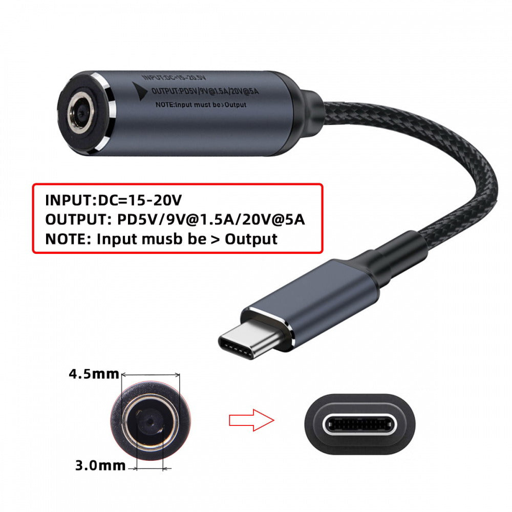 DC Jack 4.5X3.0mm Input to USB-C Type-C Power 100W Charge Cable for Laptop Phone PD9V 5V 20V