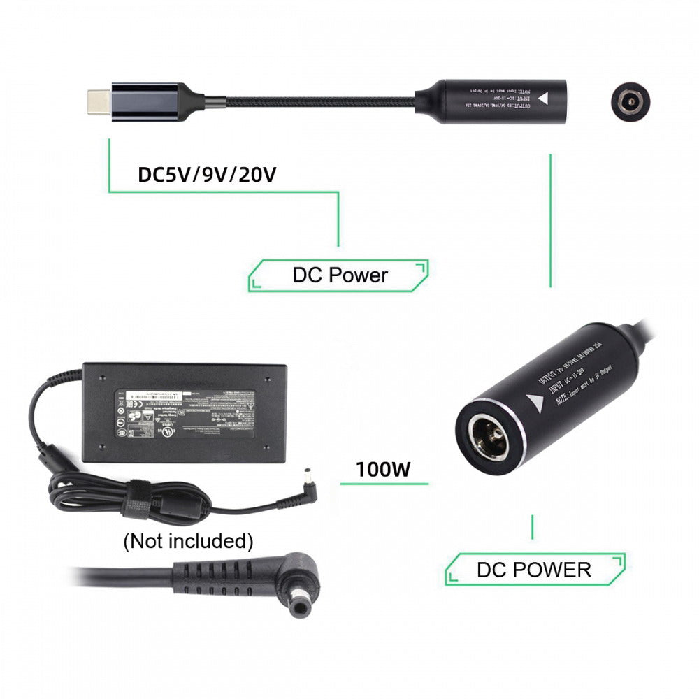 DC Jack 5.5X2.1mm Input to USB-C Type-C Power 100W Charge Cable for Laptop Phone PD9V 5V 20V