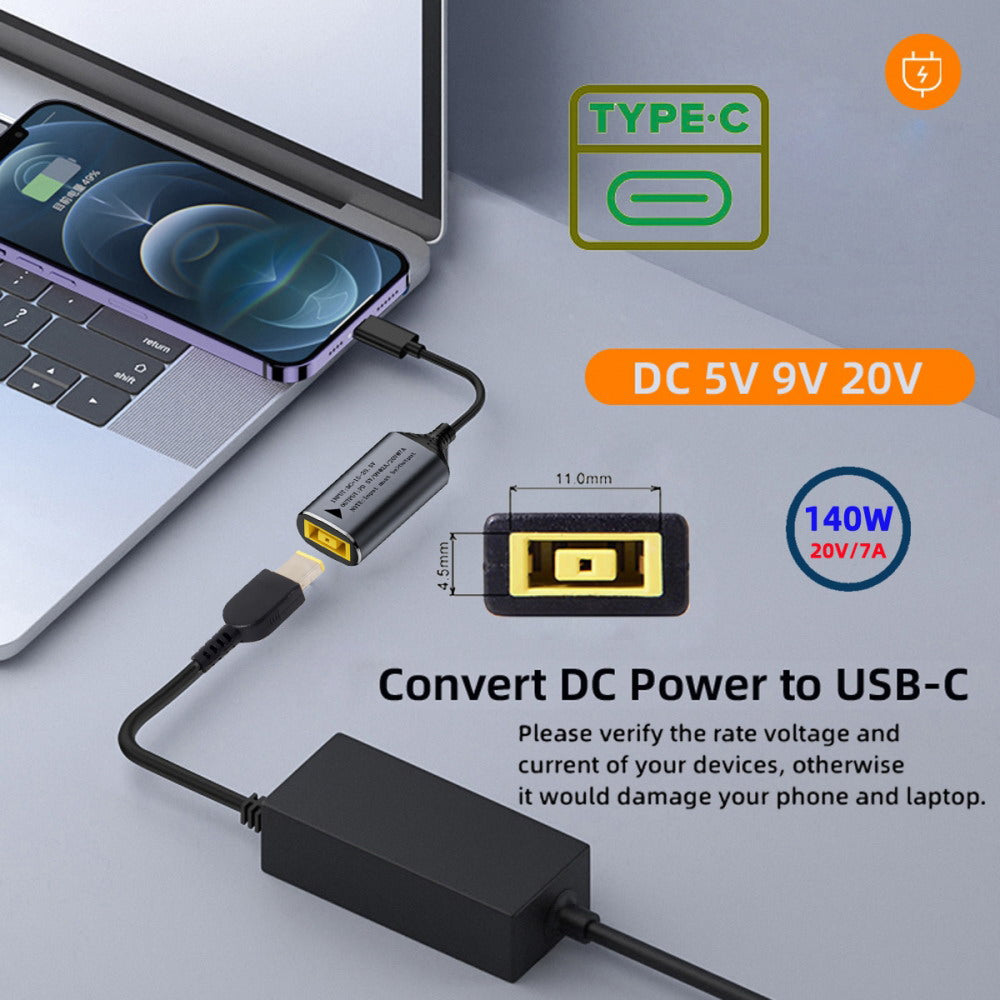 Rectangle Jack Thinkpad X1 Input to USB-C Type-C Power 140W Charge Cable for Laptop Phone PD9V 5V 20V 7A