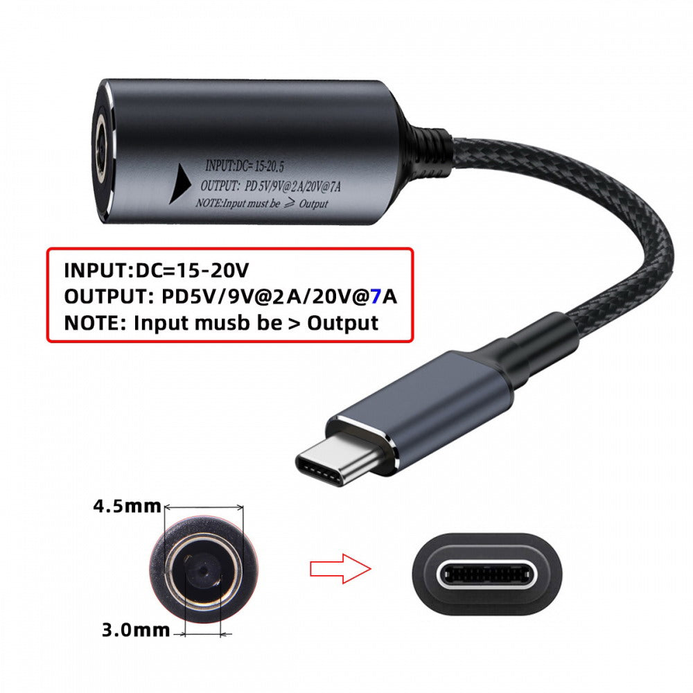 DC Jack 4.5X3.0mm Input to USB-C Type-C Power 140W Charge Cable for Laptop Phone PD9V 5V 20V7A