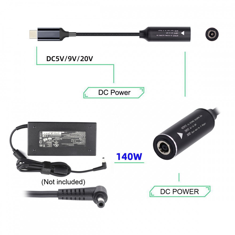 DC Jack 5.5X2.5mm Input to USB-C Type-C Power 140W Charge Cable for Laptop Phone PD9V 5V 20V7A