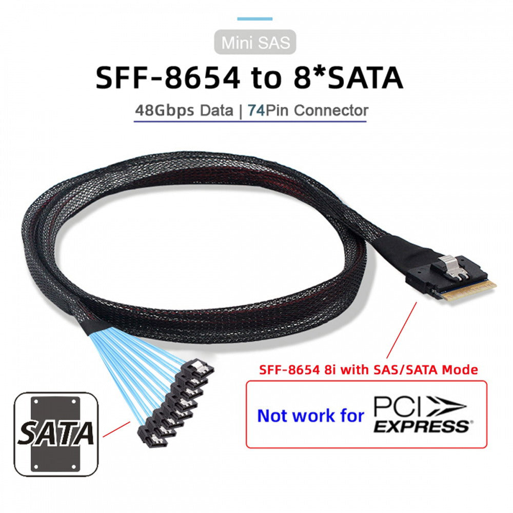 Slimline SAS 4.0 SFF-8654 8i 74pin Host Raid to 8 SATA 7pin Target Hard Disk Fanout Raid Cable 1-to-8 Splitter