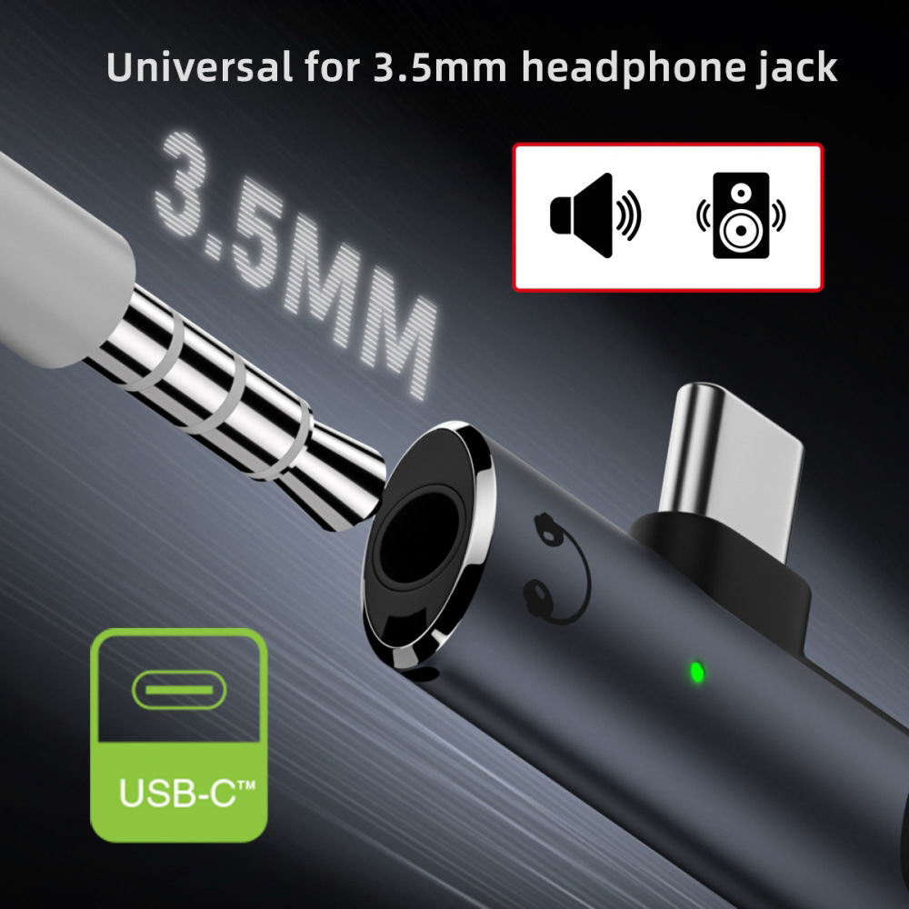 USB-C Type-C to 3.5mm Audio DAC AUX Music 16bit 48kHz & 100W PD Power Adapter for Laptop Tablet Phone