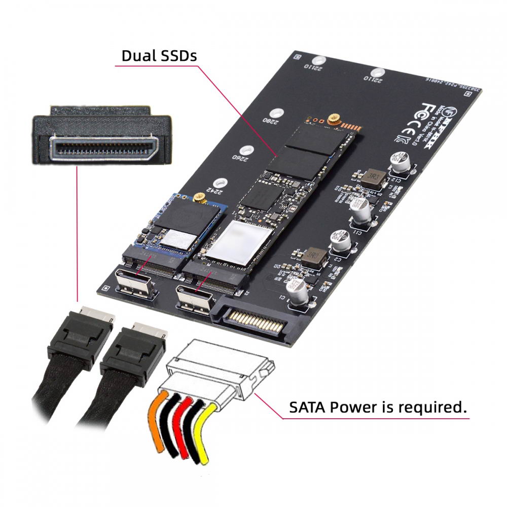 Dual Oculink SFF-8612 SFF-8611 to M.2 NGFF M-Key NVME PCIe SSD 2280 22110mm Adapter for Mainboard