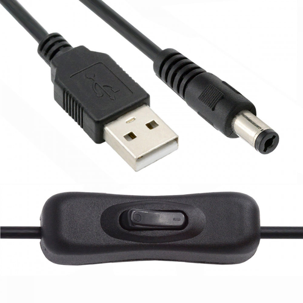 DC 5.5x2.1mm Plug to USB Type-A Cable with On Off Power Switch Button for DC 5V Desk Lamp Fan Camera