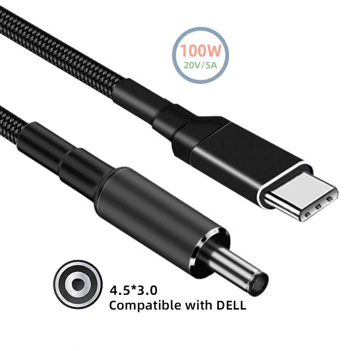 100W Type C USB-C Input to 20V DC 4.5*3.0mm Output Power 20V 5A 65W PD Charge Cable compatible with DELL-Laptop