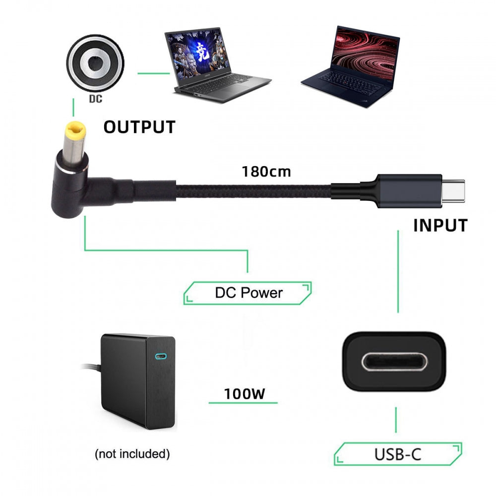 100W Type C USB-C Input to 20V DC 5.5*2.5mm Output Power 20V 5A 65W PD Charge Cable for Laptop