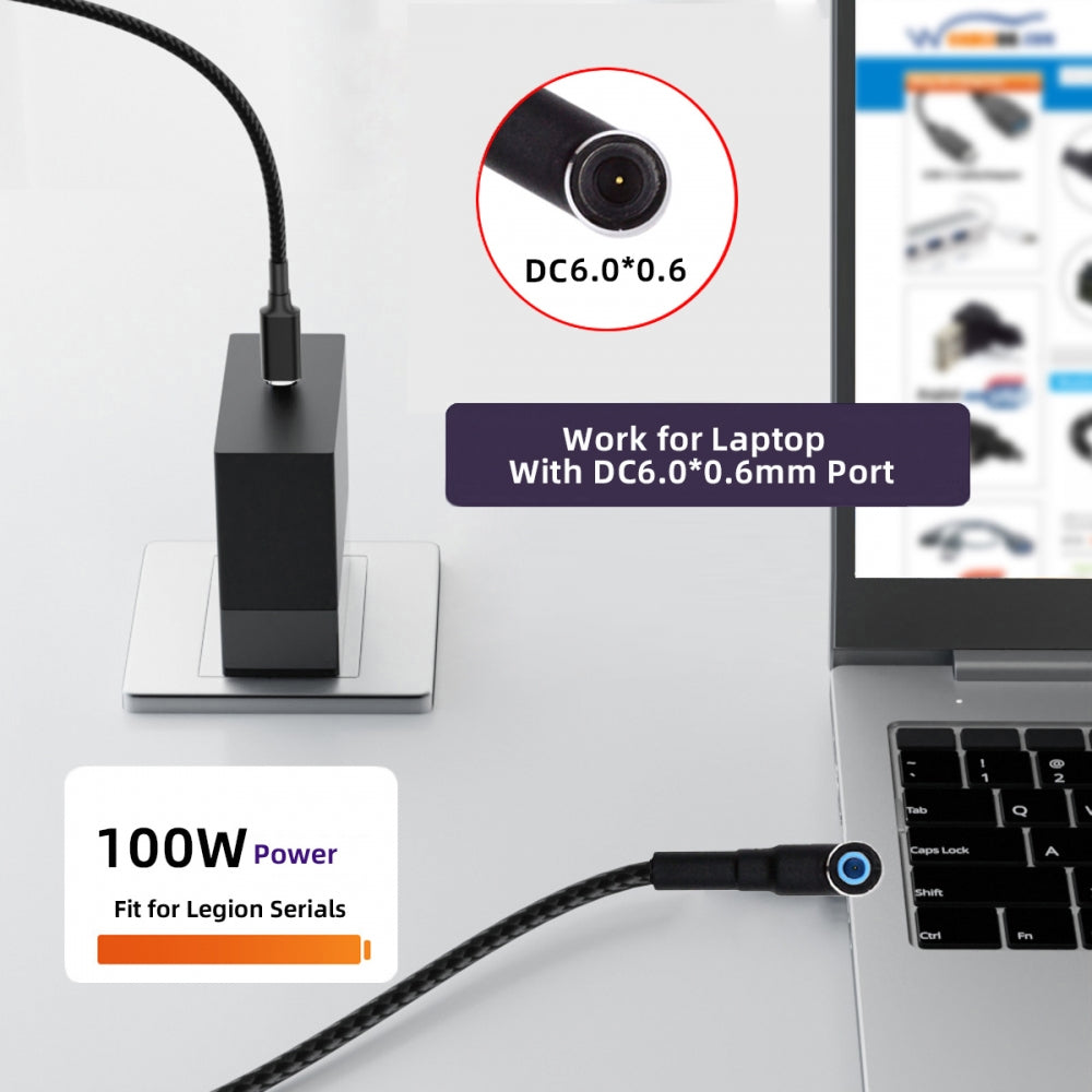 100W Type C USB-C Input to 20V DC 6.0*1.4*0.6mm Output Power 20V 5A 65W PD Charge Cable for Laptop