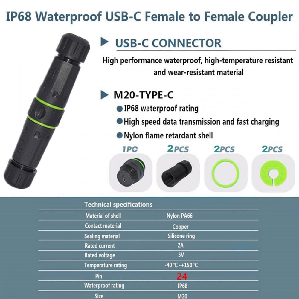 M20 Locking IP68 Waterproof Type-C 10Gbps USB3.1 Female to USB-C Female Extension Adapter Coupler