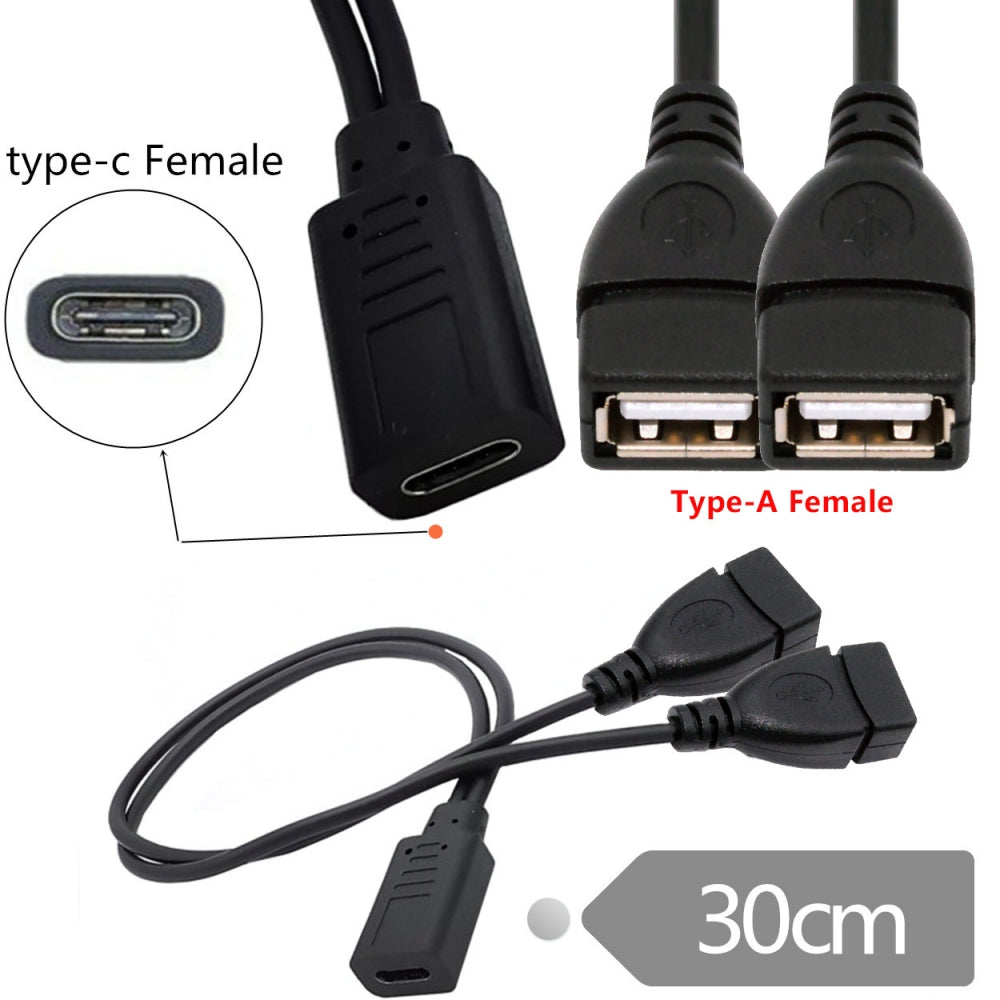 Type-C USB-C Female DC 5V to Dual USB 2.0 Standard Type-A Female Splitter Extension Charge Cable