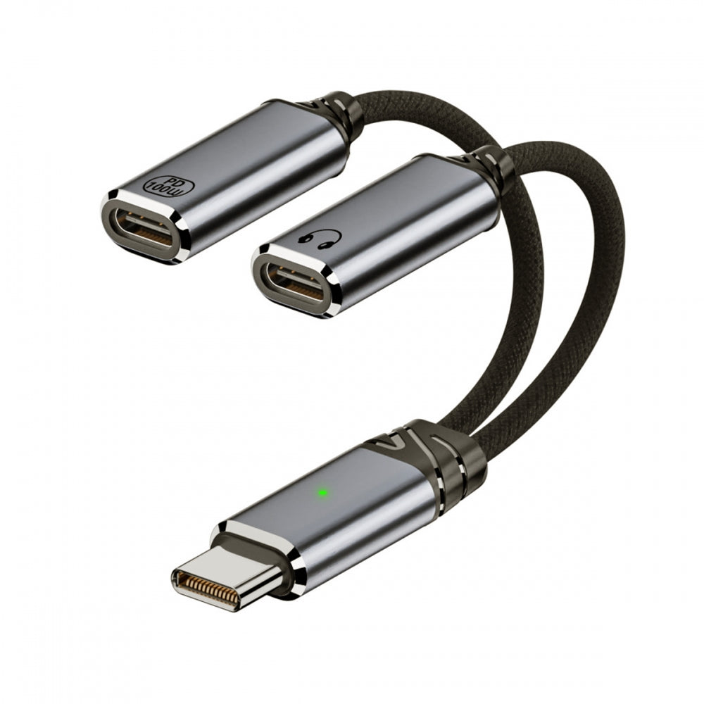 USB-C Type-C Male to Dual Female Audio DAC AUX Music 16bit 48kHz & 100W PD Power Cable for Laptop Tablet Phone