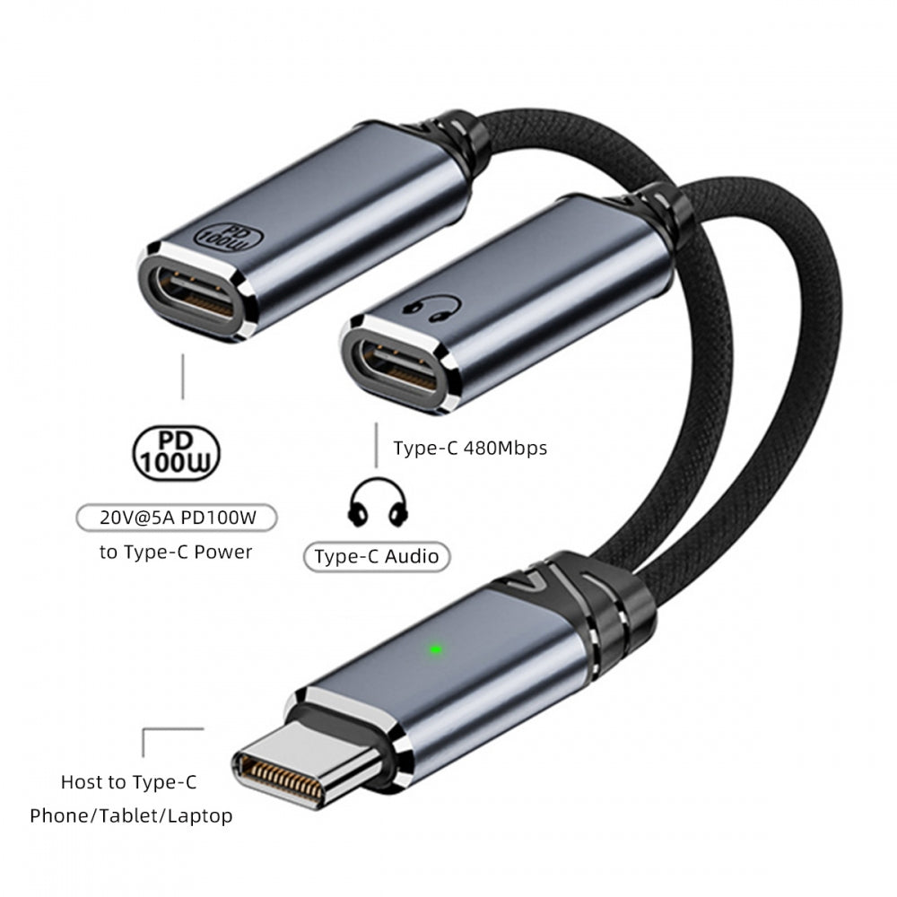 USB-C Type-C Male to Dual Female Audio DAC AUX Music 16bit 48kHz & 100W PD Power Cable for Laptop Tablet Phone