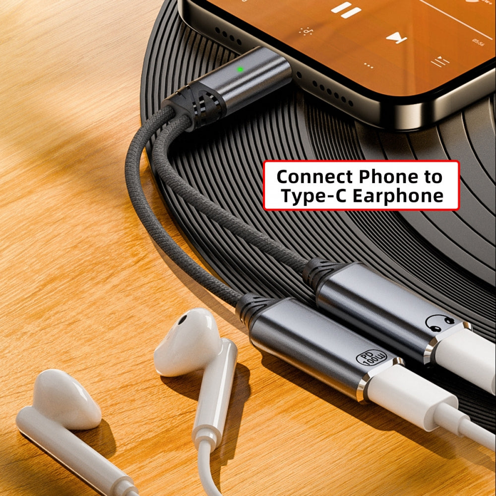 USB-C Type-C Male to Dual Female Audio DAC AUX Music 16bit 48kHz & 100W PD Power Cable for Laptop Tablet Phone