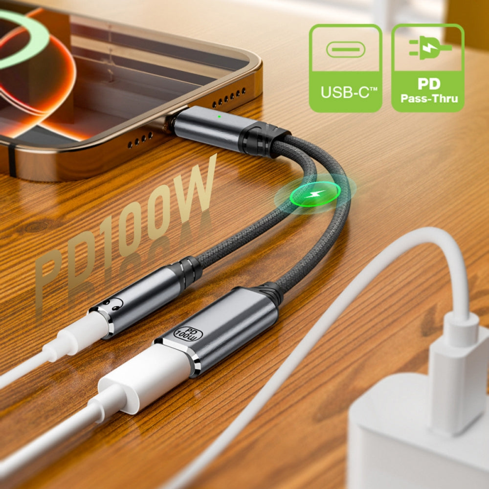 USB-C Type-C Male to 3.5mm Female Audio DAC AUX Music 16bit 48kHz & 100W PD Power Cable for Laptop Tablet Phone