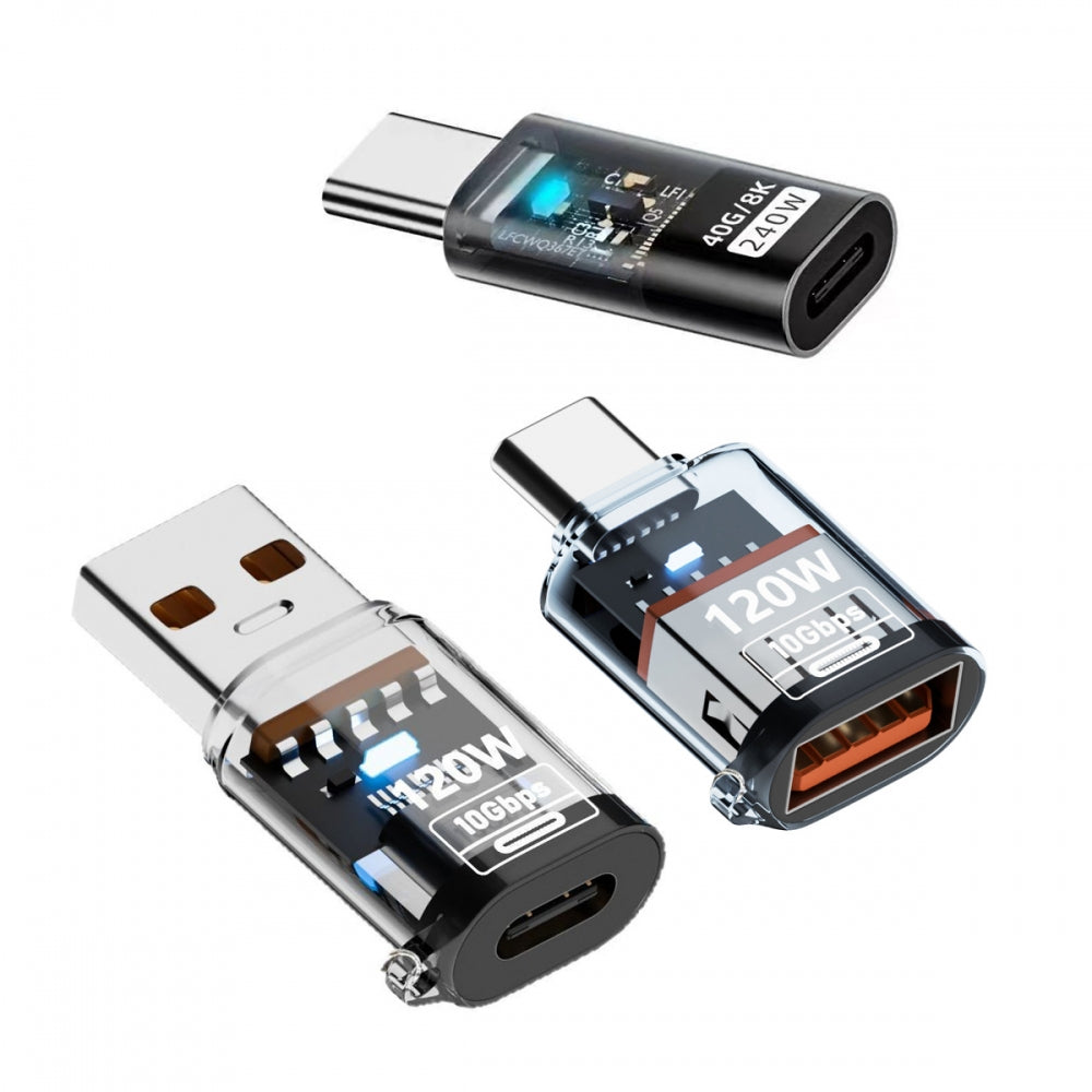 3pcs/lot Type-C Smart LED USB-C to USB3.2 Type-A Adapter OTG 10Gbps 40Gbps 120W 240W Data Fast Charging Tester Detector