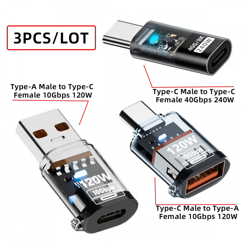 3pcs/lot Type-C Smart LED USB-C to USB3.2 Type-A Adapter OTG 10Gbps 40Gbps 120W 240W Data Fast Charging Tester Detector