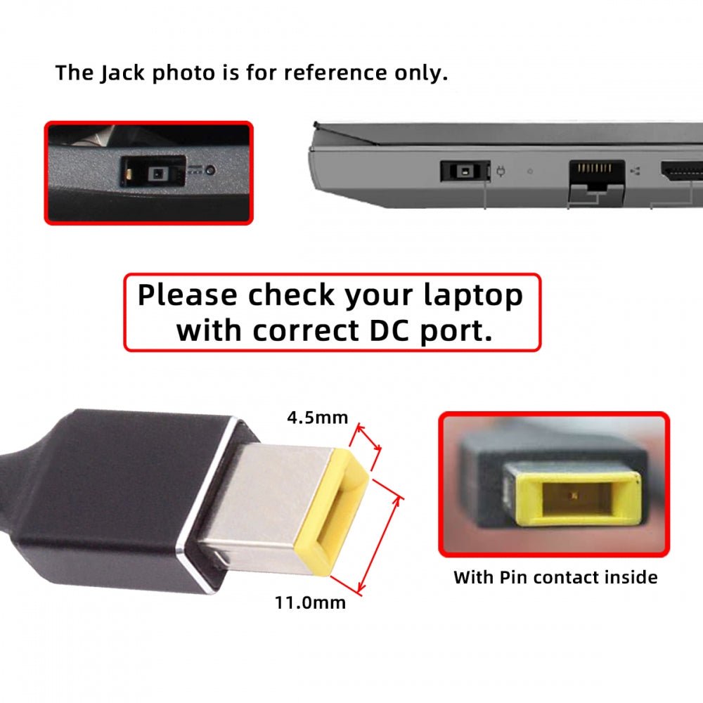 Type-C USB-C Input to Rectangular Jack Smart LED Display 100W Output Power 20V 5A PD Charge 65W Adapter for Thinkpad X1 Legion Y7000P Laptop