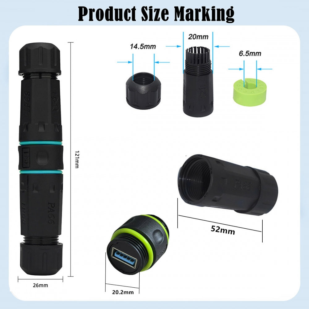 M20 Locking IP68 Waterproof Type-A USB3.0 5Gbps USB-A Female to USB-A Female Extension Adapter Coupler
