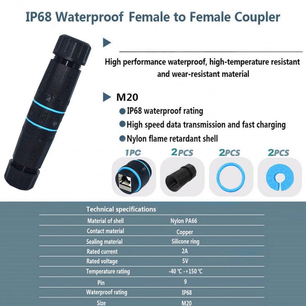 M20 Locking IP68 Waterproof UTP STP RJ45 Female to CAT6 Female Networking Patch Extension Adapter Coupler
