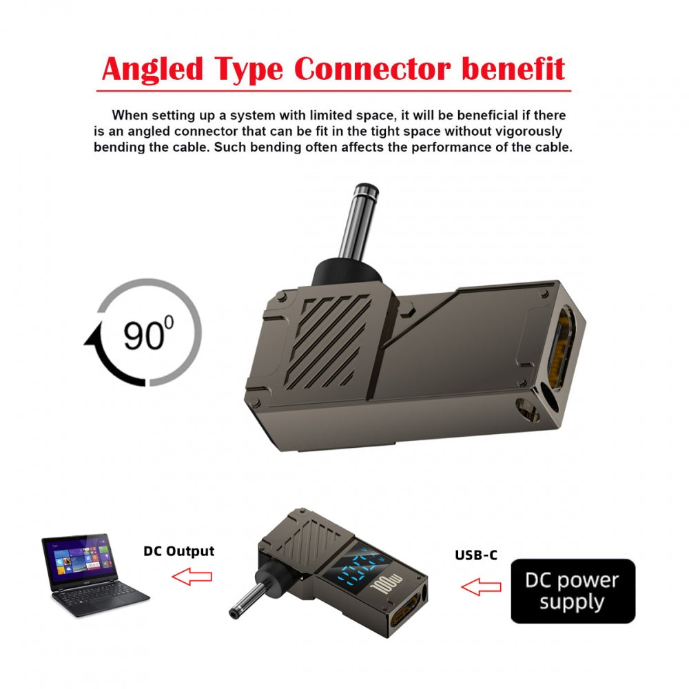 Type-C USB-C Input to DC 3.0x1.1mm Jack Smart LED Display 100W Output Power 20V 5A PD Charge 65W Adapter for Laptop
