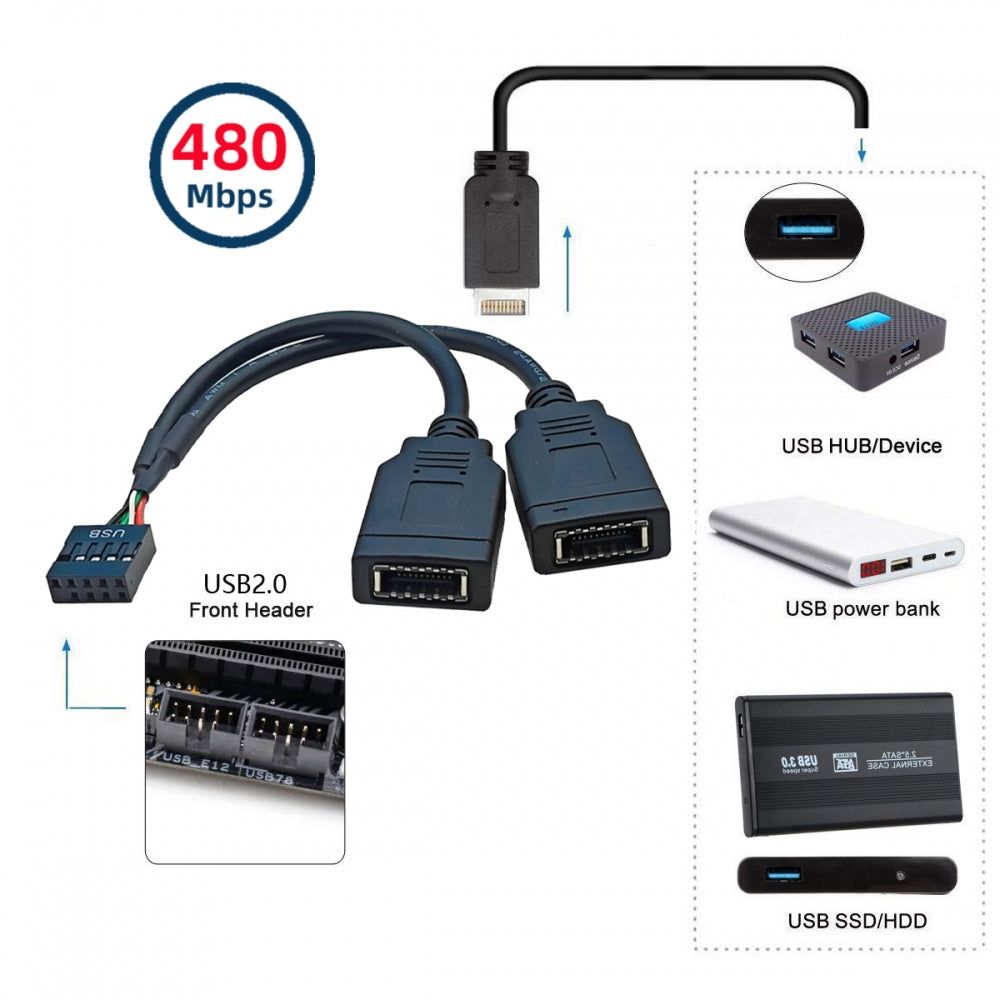 Dual Port USB 3.1 Front Panel Socket Key-A Type-E to USB 2.0 9Pin 10Pin Mainboard Header Male Extension Cable