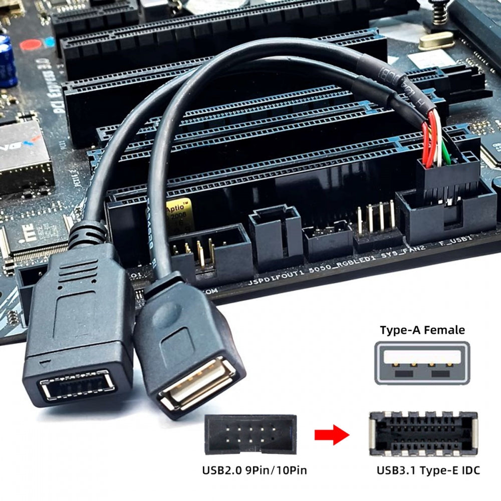 Dual Port Type-A & USB 3.1 Front Panel Socket Key-A Type-E to USB 2.0 9Pin 10Pin Mainboard Header Male Extension Cable