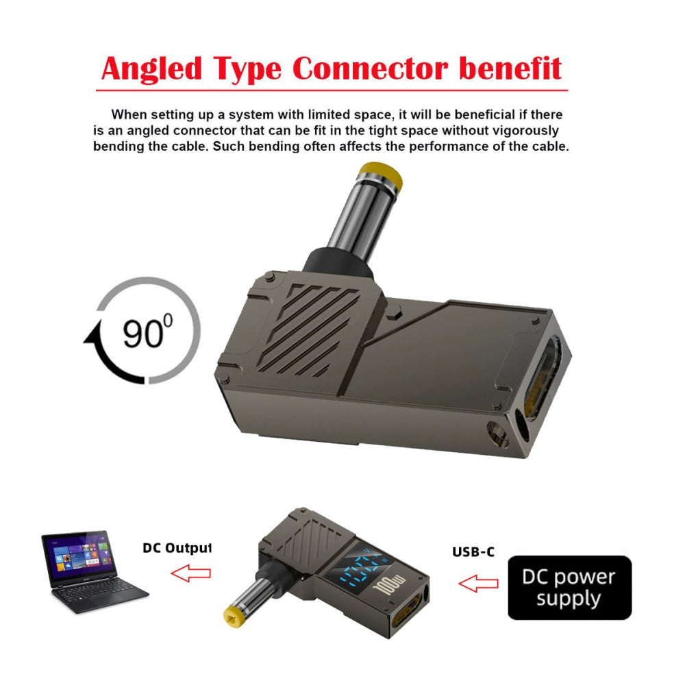 Type-C USB-C Input to DC 5.5x1.7mm Jack Smart LED Display 100W Output Power 20V 5A PD Charge 65W Adapter for Laptop