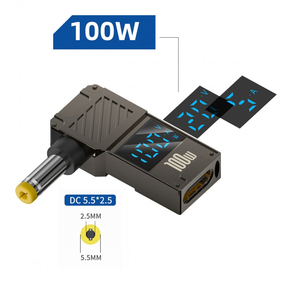 Type-C USB-C Input to DC 5.5x2.5mm Jack Smart LED Display 100W Output Power 20V 5A PD Charge 65W Adapter for Laptop