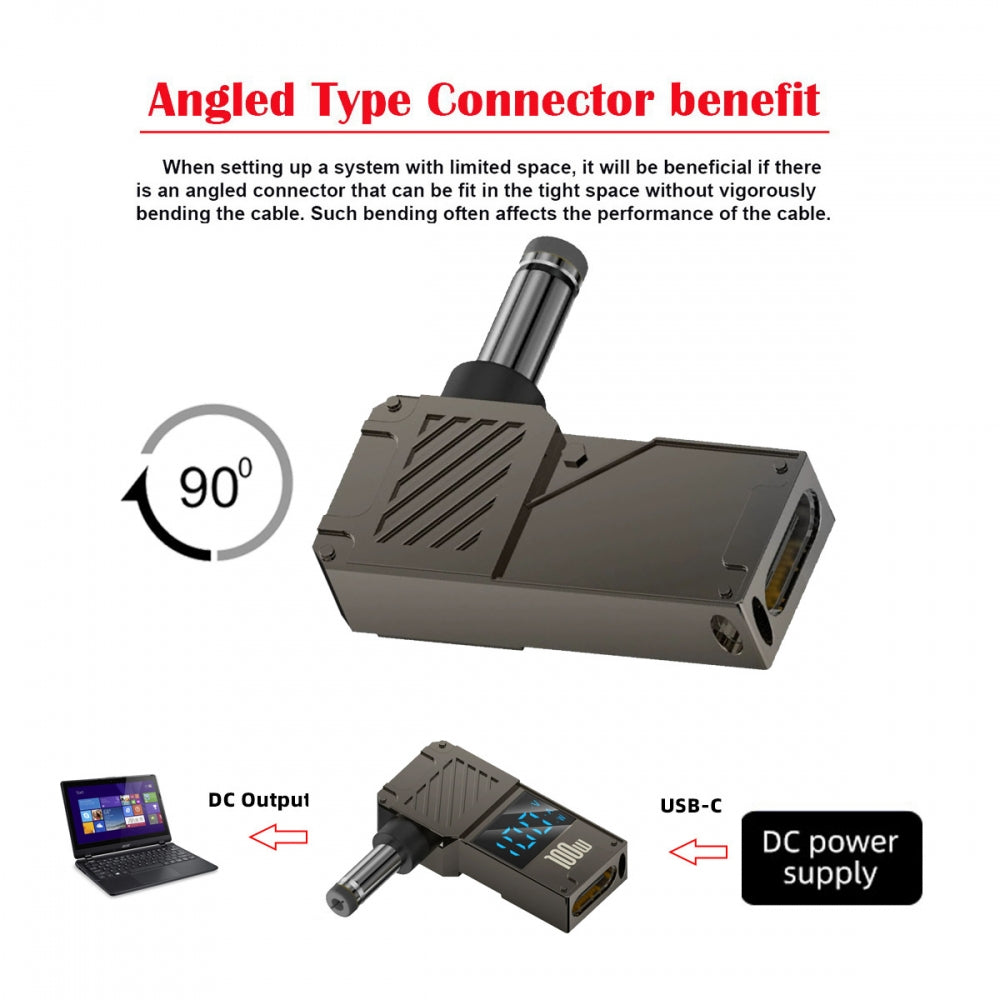 Type-C USB-C Input to DC 5.5x2.1mm Jack Smart LED Display 100W Output Power 20V 5A PD Charge 65W Adapter for Laptop