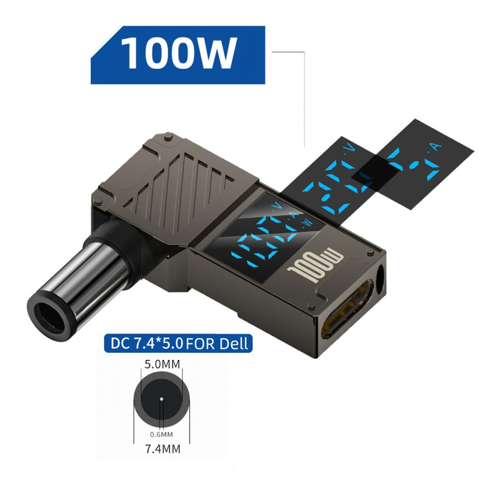 Type-C USB-C Input to DC 7.4x5.0mm Jack Smart LED Display 100W Output Power 20V 5A PD Charge 65W Adapter for DELLLaptop