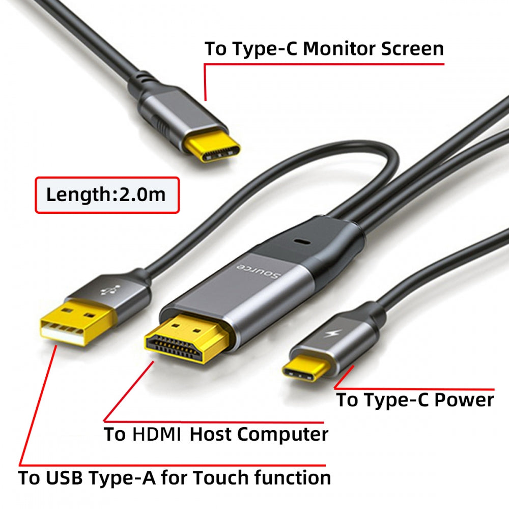 Reversed HDMI 4K Source to Type C USB-C Touch Screen Displays Male HDTV Cable for Laptop Monitor 2.0m