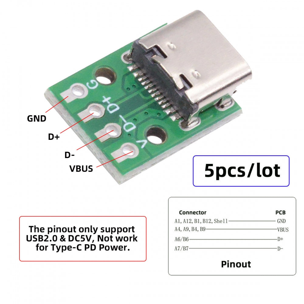 5pcs/set DIY OEM Type C Female Socket Connector to PCBA 4Pin USB2.0 Pinout DC 5V Power