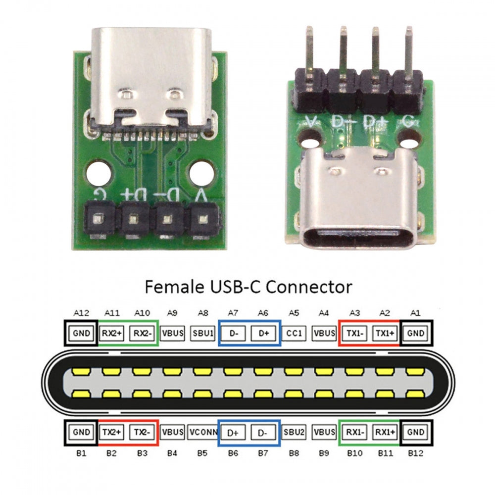 5pcs/set DIY OEM Type C Female Socket Connector to 4Pin Pitch=2.54mm Contact Header Vertical USB2.0 Pinout DC 5V Power