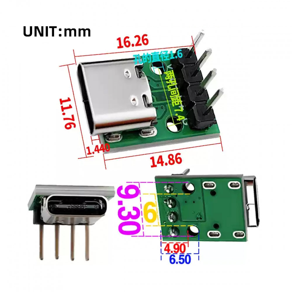 5pcs/set DIY OEM Type C Female Socket Connector to 4Pin Pitch=2.54mm Contact Header Vertical USB2.0 Pinout DC 5V Power