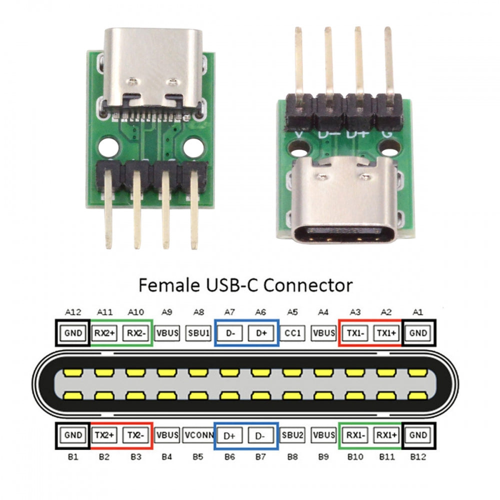 5pcs/set DIY OEM Type C Female Socket Connector to 4Pin Pitch=2.54mm Contact Header Horizontal USB2.0 Pinout DC 5V Power