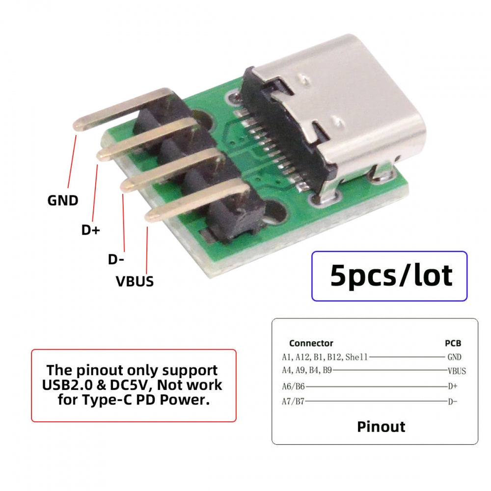5pcs/set DIY OEM Type C Female Socket Connector to 4Pin Pitch=2.54mm Contact Header Horizontal USB2.0 Pinout DC 5V Power