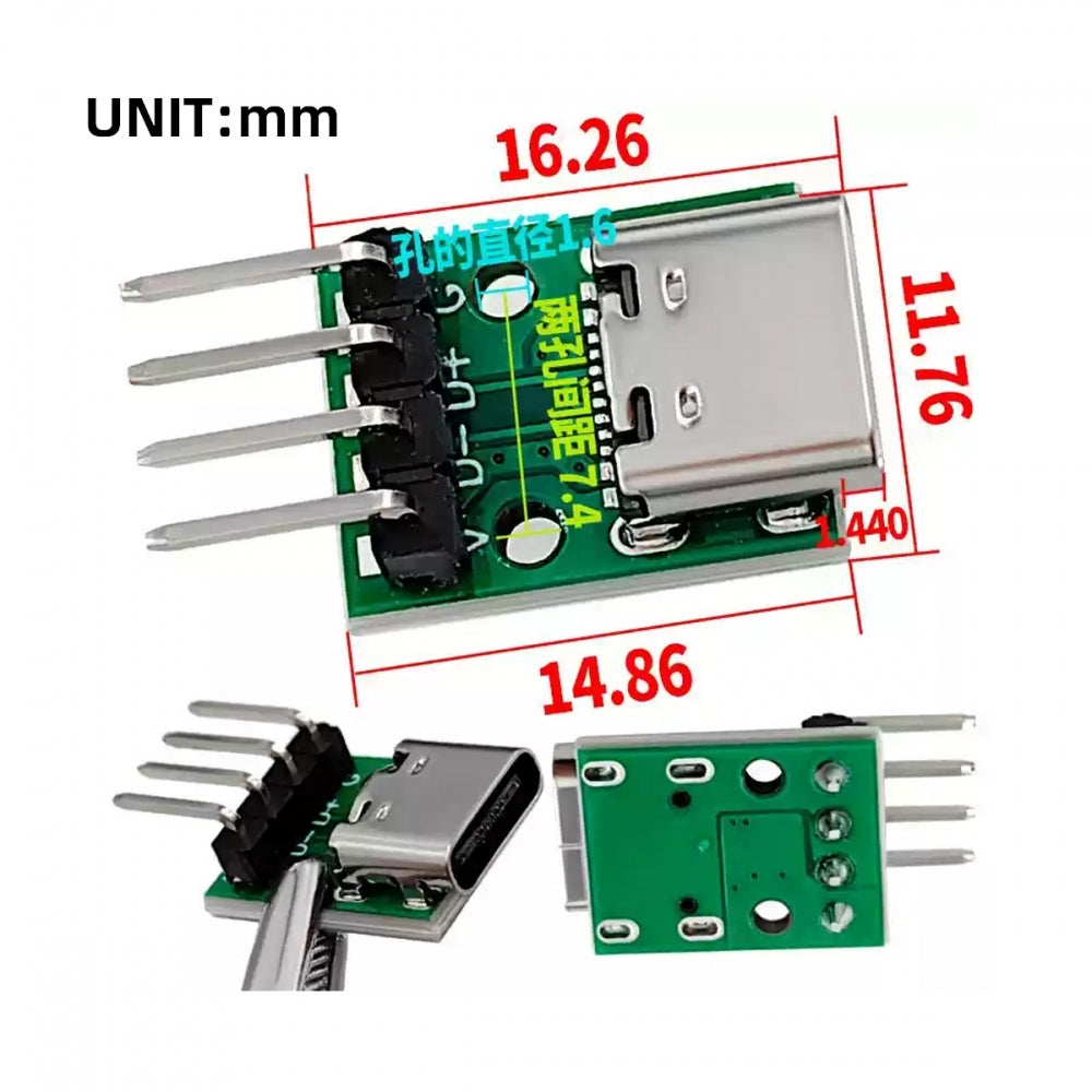 5pcs/set DIY OEM Type C Female Socket Connector to 4Pin Pitch=2.54mm Contact Header Horizontal USB2.0 Pinout DC 5V Power