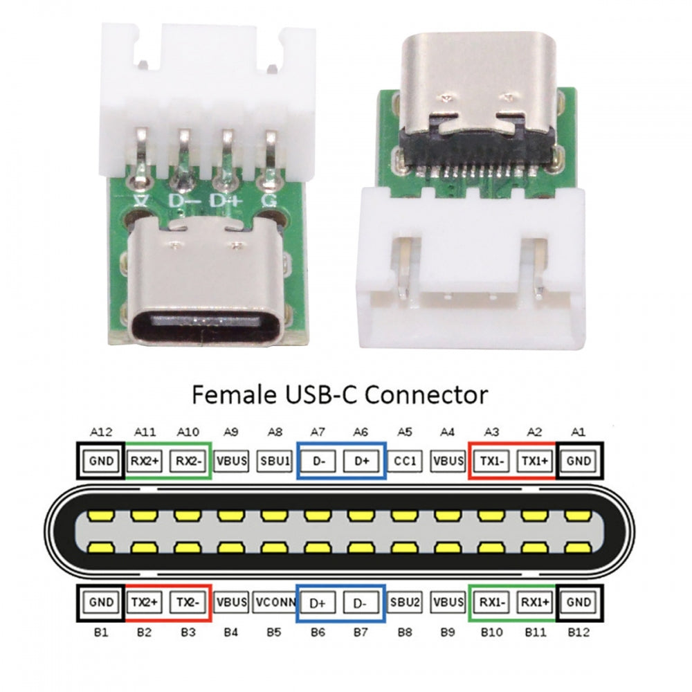 5pcs/set DIY OEM Type C Female Socket Connector to 4Pin Pitch=2.54mm Wafer Socket Horizontal USB2.0 Pinout DC 5V Power
