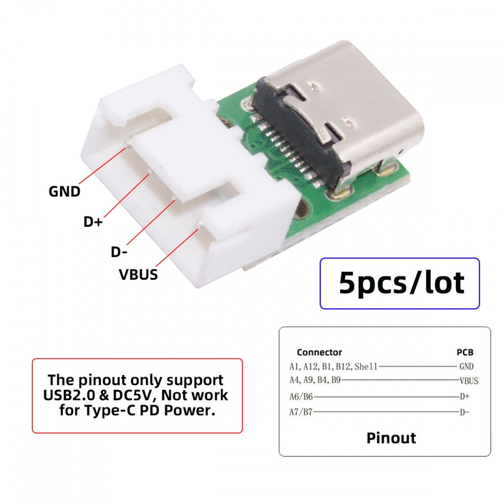 5pcs/set DIY OEM Type C Female Socket Connector to 4Pin Pitch=2.54mm Wafer Socket Horizontal USB2.0 Pinout DC 5V Power
