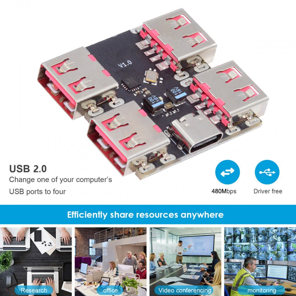 USB 2.0 1-to-4 Four Ports HUB PCBA PCs 4 Devices Type-C for Keyboard Mouse Scanner Printer