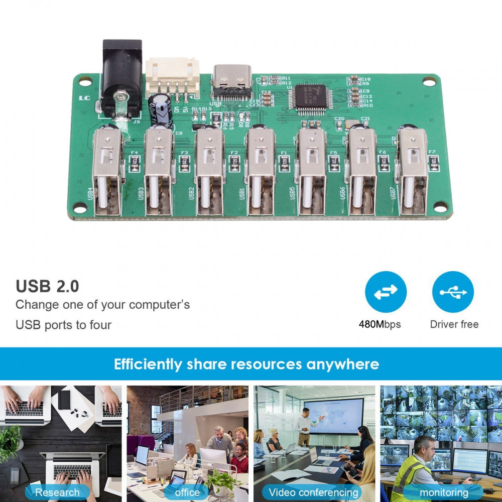 USB2.0 Type-C & 4Pin Pitch=2.0mm Wafer 1-to-7 Ports Type-A HUB PCBA PCs 4 Devices for Keyboard Mouse Scanner Printer