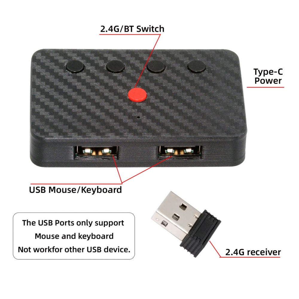 USB Wired Keyboard and Mouse Convert to Wireless 2.4G Bluetooth(BT) Converter with Receiver Type-C Power for Laptop Tablet Phone